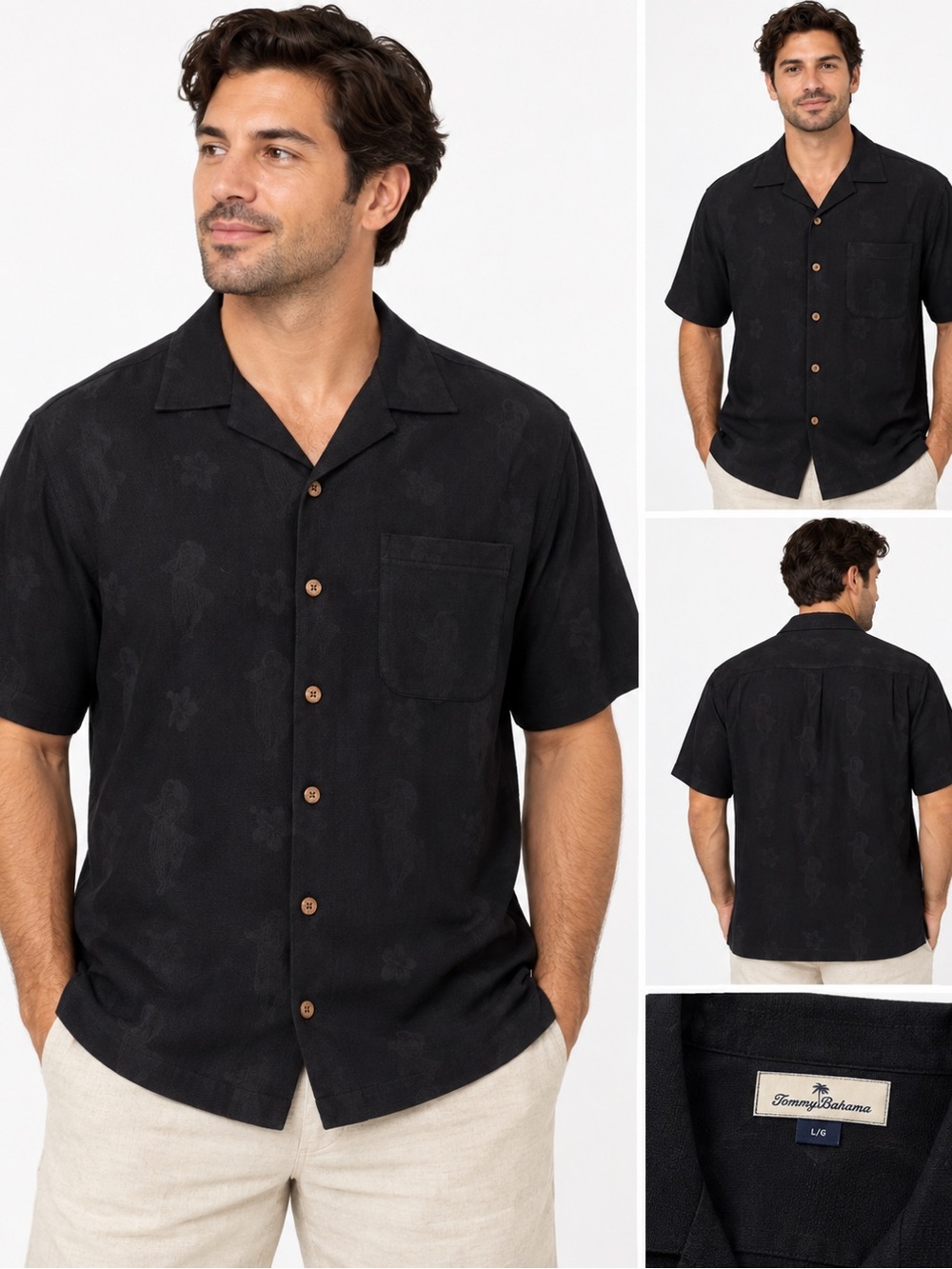 Tommy Bahama Black Short-Sleeve Camp Shirt with Subtle Print